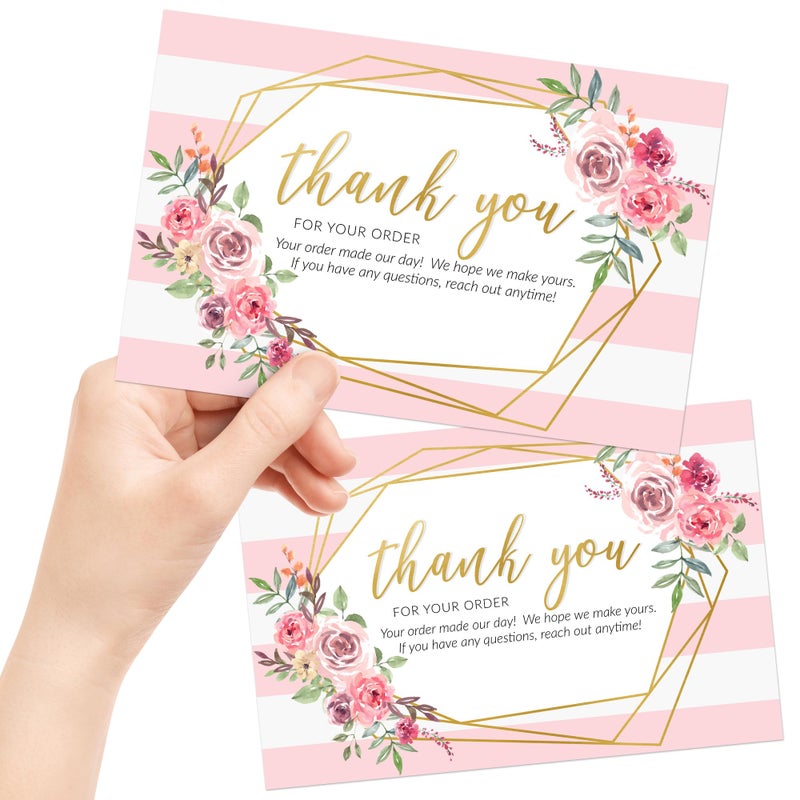 T MARIE 50 Large 4x6 Pink Thank You Postcards Small Business Supplies for Boutique Shops - Faux Gold and Pink Floral Thank You For Your Order and Thanks For Supporting My Small Business Cards - Image 1